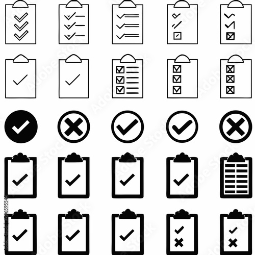 Checklist vector icon set, checkmarks, cross symbols, and clipboard designs vector style. That is perfect for task management, to do lists, forms.