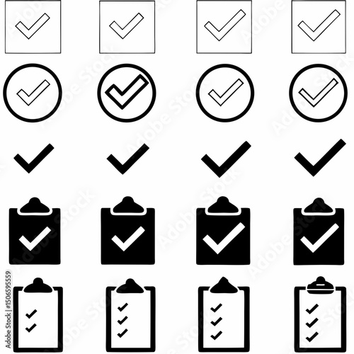 Checklist vector icon set, checkmarks, cross symbols, and clipboard designs vector style. That is perfect for task management, to do lists, forms.