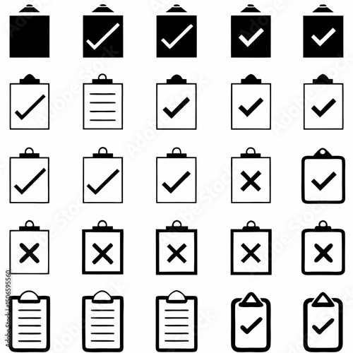Checklist vector icon set, checkmarks, cross symbols, and clipboard designs vector style. That is perfect for task management, to do lists, forms.