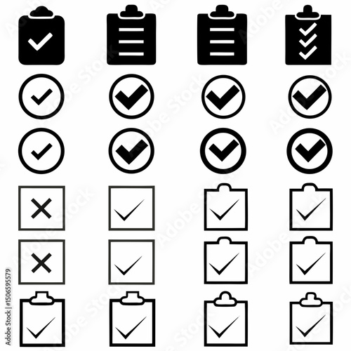 Checklist vector icon set, checkmarks, cross symbols, and clipboard designs vector style. That is perfect for task management, to do lists, forms.