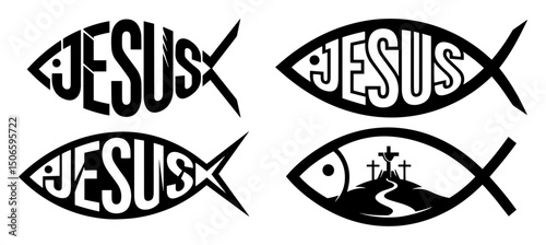 christian fish symbol with jesus text – minimalist vector icons