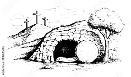 jesus resurrection tomb scene – hand drawn religious vector