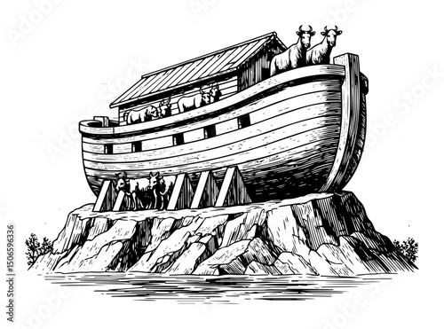 noah’s ark on mountain with animals – biblical vector illustration
