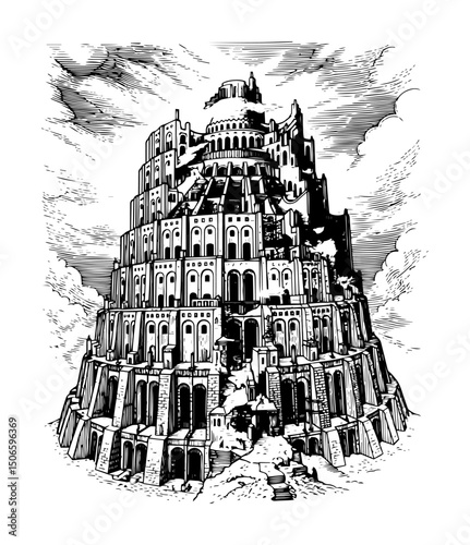 tower of babel biblical scene – hand drawn religious vector