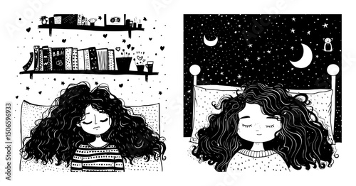 girl reading and dreaming in bed – cozy night imagination vector