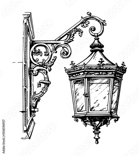 vintage wall lantern – ornate antique lamp vector illustration