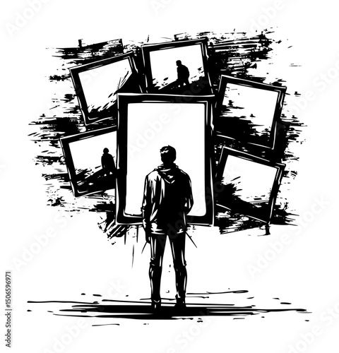 man and frames in abstract space – identity and memory concept vector