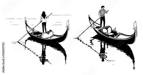couple riding gondola on water – romantic boat vector illustration