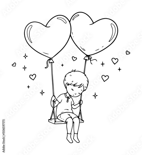 child on swing with heart balloons – cute love vector illustration