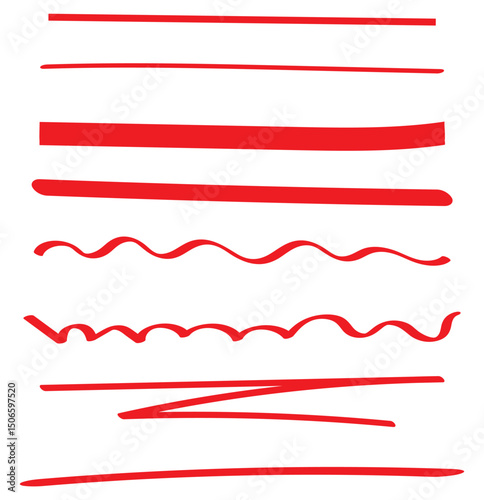 Set of icons with red pen handwriting lines. 
Hand drawn marker pen line stroke set. Highlighters, hand drawn underline. Scribble underline markers set.
