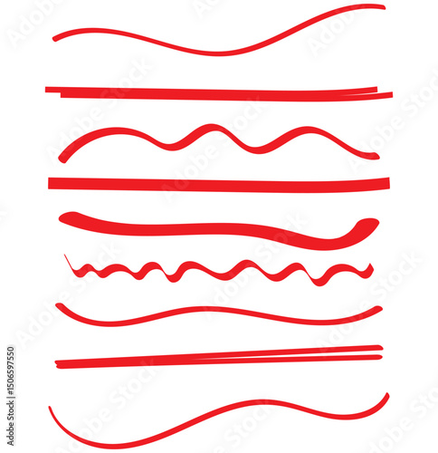 Set of icons with red pen handwriting lines. 
Hand drawn marker pen line stroke set. Highlighters, hand drawn underline. Scribble underline markers set.