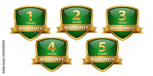 Warranty Badges Set: 1, 2, 3, 4, 5 Years Guarantee Icons | Golden and Green Shield Labels for Product Assurance, Service Protection, and Customer Trust