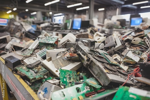 Sorted electronic waste and discarded computer parts at a recycling facility