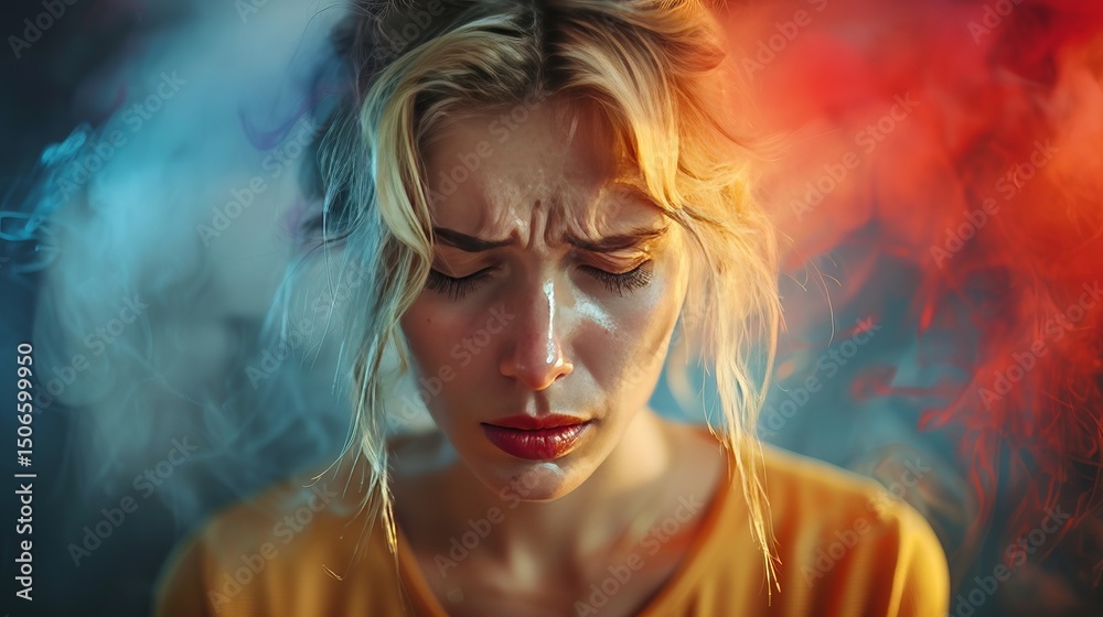 Fototapeta premium Woman feeling negative emotions with colorful smoke in background