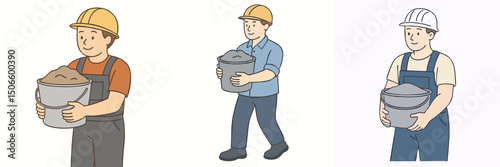 vector illustration collection of a construction worker lifting a bucket of building materials while wearing work clothes and personal protective equipment