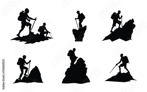 Hiker climbing rocky mountain silhouette, outdoor adventure vector design.