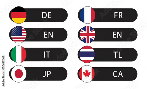 International Flags with Language Codes on Dark Buttons | Vector Set for Multilingual Website Localization, Translation Services and Global Communication
