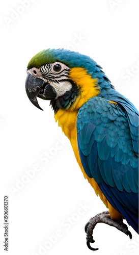 Realistic Portrait of a Vibrant Blue and Yellow Parrot on Transparent Background