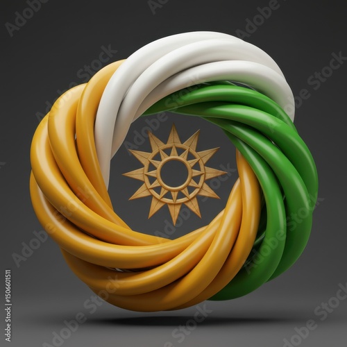 Abstract 3D Render of Intertwined Bands and a Central Sun Symbol, Representing Unity and Harmony