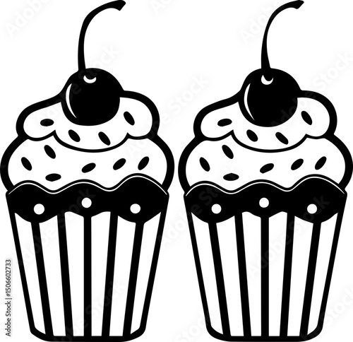 SVG vector design of a stylized cupcake Decorative.Delicious Cupcakes with Cherry Topping and Sprinkles Design