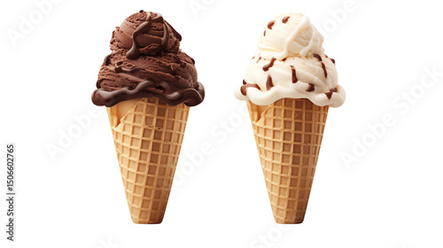 Delicious Chocolate and Vanilla Ice Cream Cones with Chocolate Drizzle a Perfect Summer Treat