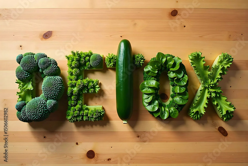 Detox word made of green vegetables on wooden background healthy living concept. Detox concept with green vegetables arranged as text
