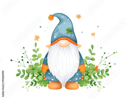 Cute Blue Gnome with Orange Braids, Polka-Dot Hat, and Clover Leaves in a Whimsical Style, watercolor illustration