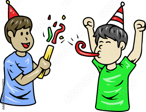 Cartoon boys celebrating with confetti and party horn