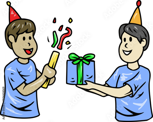 Cartoon boys celebrating with gift and confetti popper
