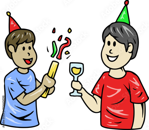 Cartoon boys celebrating with confetti and drink