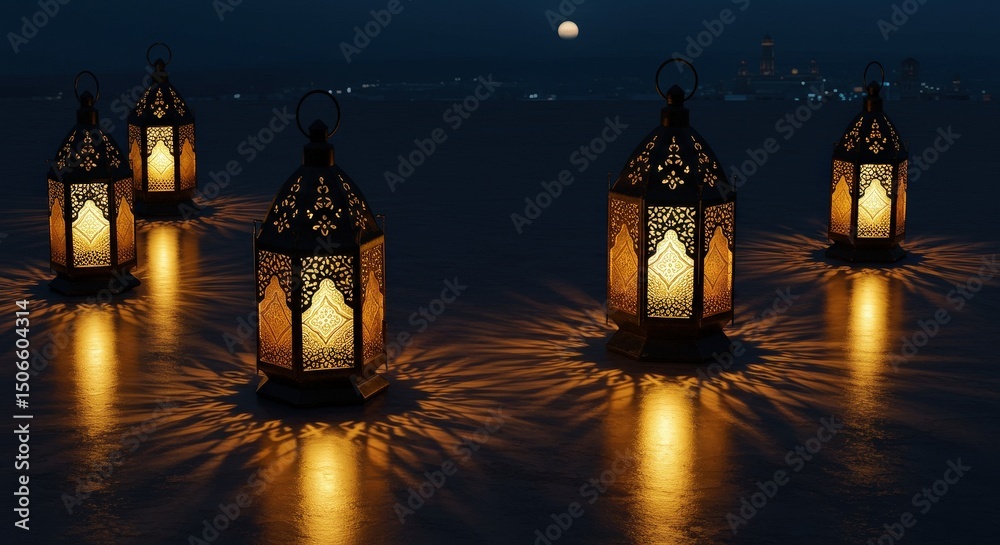Fototapeta premium Ornate Lanterns with Moonlit Cityscape
