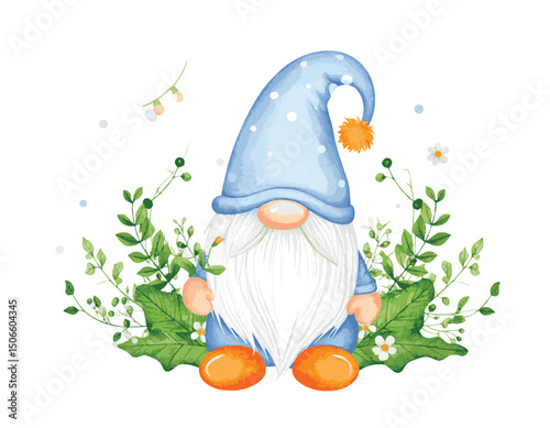 Cute Blue Gnome with Orange Braids, Polka-Dot Hat, and Clover Leaves in a Whimsical Style, watercolor illustration