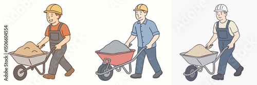 vector illustration collection of a male construction worker wearing a safety helmet while pushing a wheelbarrow filled with sand and cement