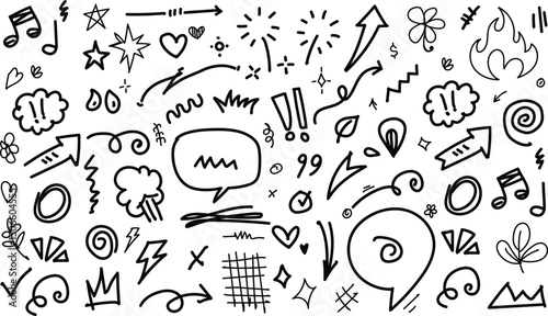 Hand-drawn doodle set with hearts, stars, arrows, scribbles, speech bubbles, emoji, flowers. Cute vector line art for stickers, digital art, branding, design, stationery, and illustrations.	