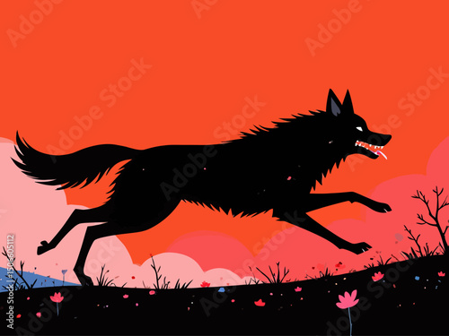 Silhouette of a full body two wolf running