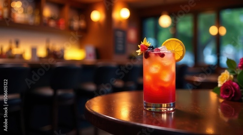 Refreshing summer beverage with mixed berries and citrus garnish in a highball glass, sitting on a dark wood table in a dimly lit bar setting