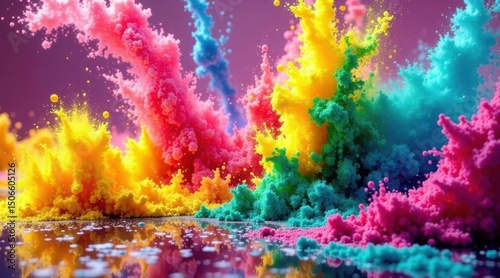 Vibrant Color Explosion A Symphony of Hues in Powder Form, Reflecting on a Dark Surface