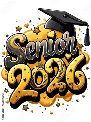 A vibrant and colorful glossy old English graffiti gangster airbrush paint graphic design with the text Senior 2026 