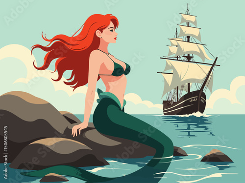  beautiful red haired mermaid on a rock, 1800s sailing ship in the background