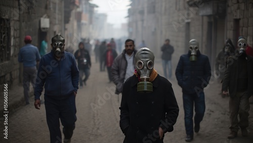 Townsfolk wear gas masks as they navigate dense, ash-covered streets, a haunting image of survival amid environmental disaster.