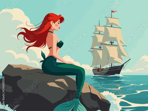 beautiful red haired mermaid on a rock, 1800s sailing ship in the background