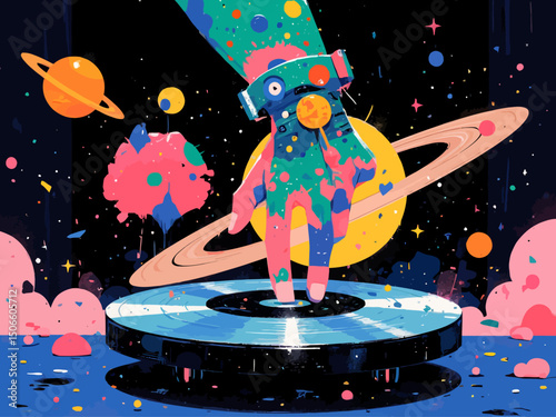 fantasy image with a giant hand belong to a humanoid alien using the rings of saturn planet as a disco