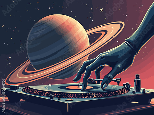fantasy image with a giant hand belong to a humanoid alien using the rings of saturn planet as a disco