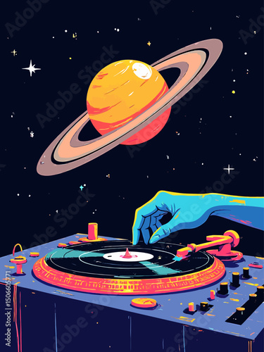 fantasy image with a giant hand belong to a humanoid alien using the rings of saturn planet as a disco