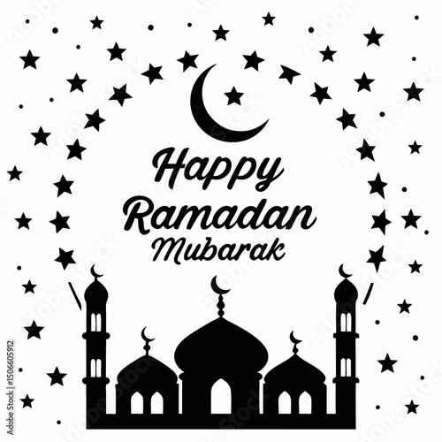 Happy Ramadan Mubarak design with mosque silhouettes under a starry night sky—perfect for festive digital decor and greetings
