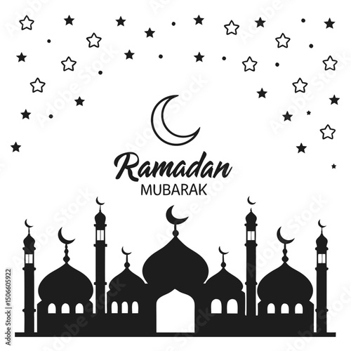Happy Ramadan Mubarak design with mosque silhouettes under a starry night sky—perfect for festive digital decor and greetings