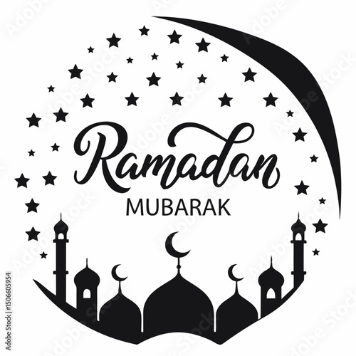 Happy Ramadan Mubarak design with mosque silhouettes under a starry night sky—perfect for festive digital decor and greetings