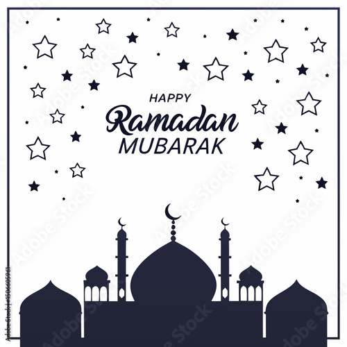 Happy Ramadan Mubarak design with mosque silhouettes under a starry night sky—perfect for festive digital decor and greetings