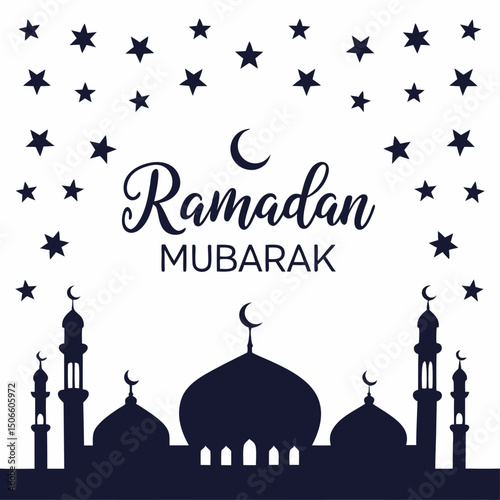 Happy Ramadan Mubarak design with mosque silhouettes under a starry night sky—perfect for festive digital decor and greetings