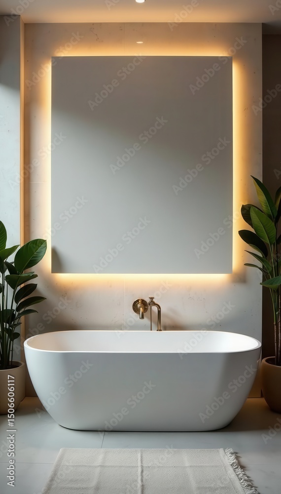 Fototapeta premium Sleek minimalist bathroom, large empty frame above tub, tile, sink, fixture